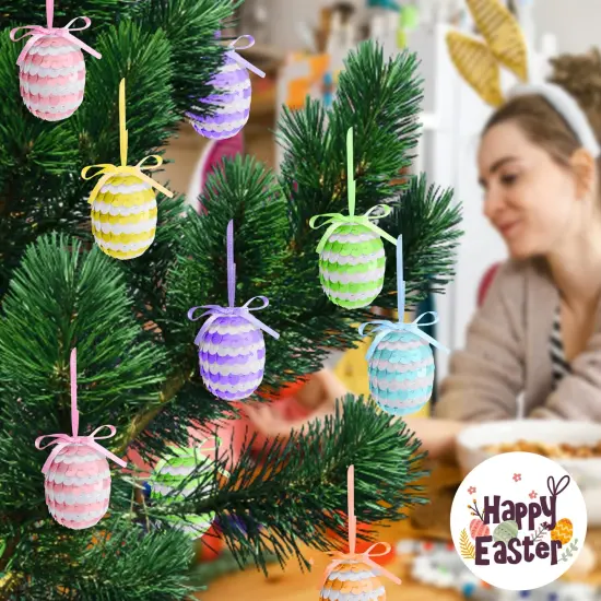 30 Pcs Easter Hanging Sequin Eggs- 1.6" Stripes Easter Eggs Ornaments with Bow- Glitter Easter Decorations Eggs Tree Ornaments for Party Birthday Home Garden Decoration {5}