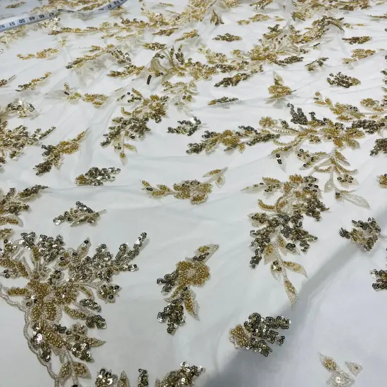 1 Yard Beaded Embroidered Lace Fabric on 100% Polyester Net Mesh, GD-5926, 52" Wide Silver {3}