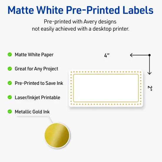 Avery Printable Rectangle Labels, Gold Border with Gold Dots, 2" x 4", Matte White Rectangle Labels, Permanent, Laser/Inkjet, 100ct, Great for Product Labels {2}