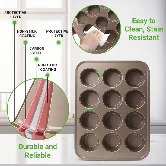 Muffin Pans for Baking, Nonstick 2-Piece Cupcake Tin w/ 12-Cups, Carbon Steel Stackable Cup Cake Tray, Dishwasher Safe - Gold {3}