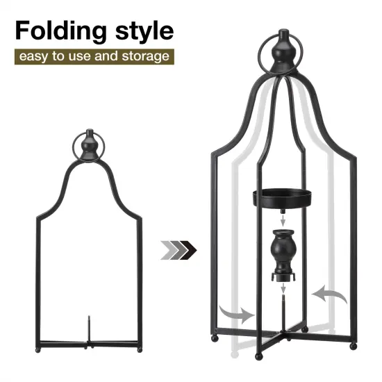 Set of 2 Modern Black Metal Foldable Lanterns Spring Wedding Hanging Candle Holders {11}