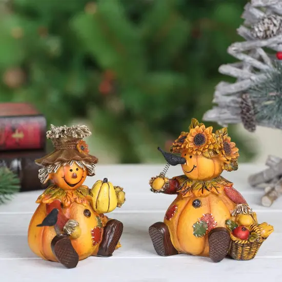 Set of 2 -Polystone Table Decor Seasonal Fall Harvest Statue Pumpkin {3}