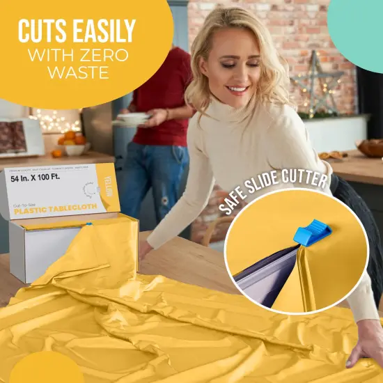 Exquisite Party Solids 54" x 100' Plastic Table Cover Roll with Slide Cutter &ndash; Cut-to-Size Dispenser Box &ndash; Makes Up to 36 Disposable 8' Rectangle Tablecloths Yellow {5}