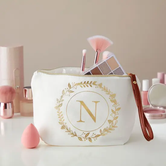 Gold Initial N Personalized Makeup Bag for Women, Monogrammed Canvas Cosmetic Pouch (White, 10 x 3 x 6 In) {2}