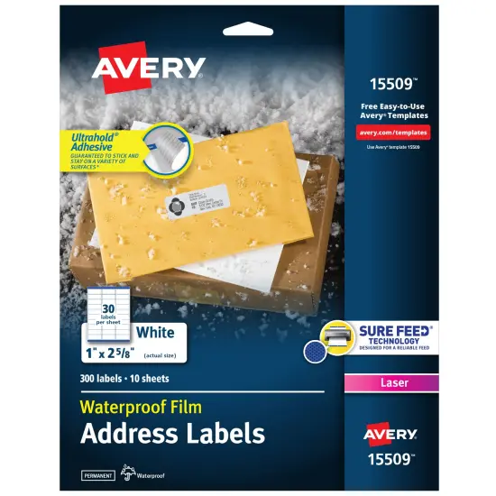Avery Waterproof Printable Address Labels with Sure Feed, 1" x 2-5/8", White, Ultrahold Permanent Adhesive, Laser Printers, 300 Blank Mailing Labels (15509) {1}