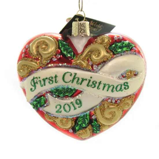 Old World Christmas 3.5 Inch 2019 First Christmas Heart Tree Ornament , Celebrations Red {1}