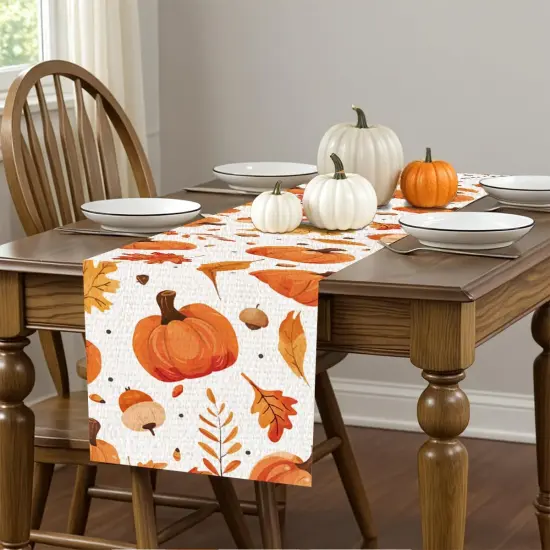 Fall Orange Pumpkin Maple Leaves Table Runner {3}