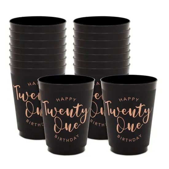 Black and Gold 21st Birthday Party Cups, Reusable Plastic Tumblers (16 oz, 16 Pack) {1}
