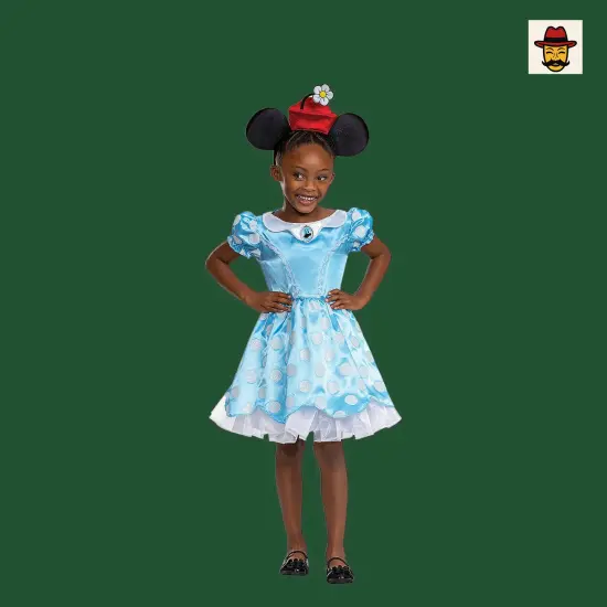 Kids Vintage Minnie Mouse Costume Blue Polka Dot Dress Red Hat Headband {2}