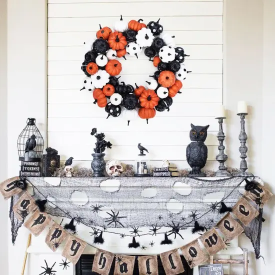 18 Inch Black Orange White Artificial Pumpkin Wreath {2}