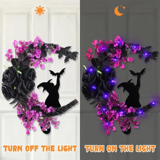 Halloween Wreaths Moon Black Cat Wreath for Front Door with Bat, Rose Flower, 14 Inch {4}