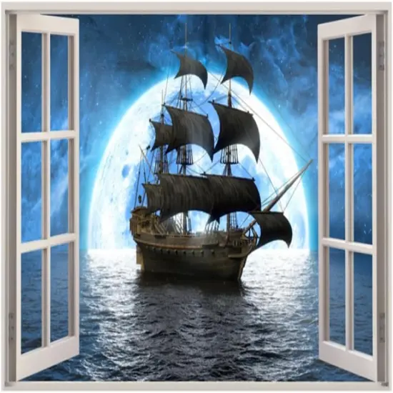 3D Pirate Ship Fake Windows Wall Sticker - 23.6"x17.3" {1}