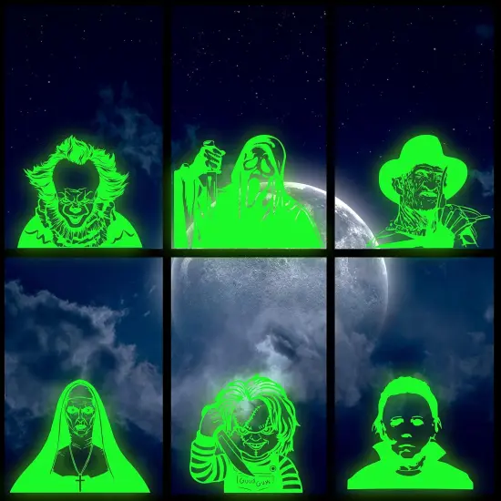 6Pcs Scary Classic Movie Characters Glowing Decals Seamless Green {1}