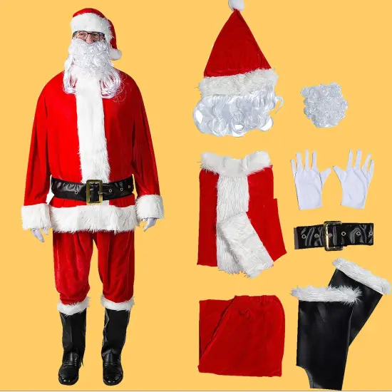Complete Velour Santa Suit Costume with Beard Hat Gloves and Belt for Holiday Events {4}