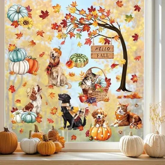Hello Fall Thanksgiving Pumpkin Window Clings - Dog Cat {2}