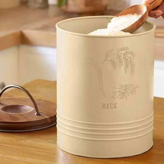 Metal Rice Storage Barrel with Wooden Lid - Sleek & Durable Kitchen Canister-8.6X8.6X11" {1}