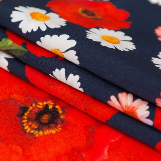 1 Yard Navy Red Gray Floral Border Digital Silk Charmeuse Fabric 55 inch Width {3}