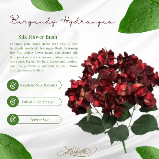 21" Burgundy Hydrangea Bush 5 Silk Heads Faux Floral for Indoor/Outdoor Home & Event Decor {5}