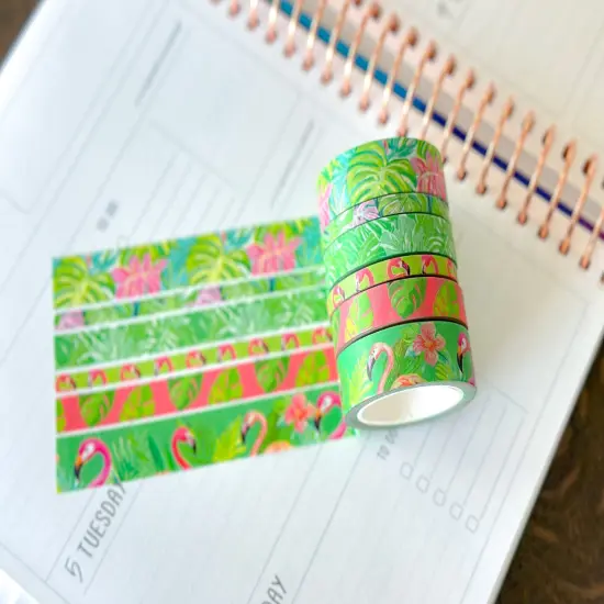 Tropical Flamingos Leaves Vacation Lush Green Pink Washi Tape Set August 2025 - W137 {4}