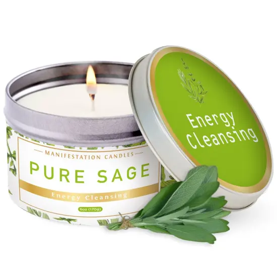 Long Lasting Pure Sage Scented Candle - 6 oz - 35 Hour Burn - Natural Soy Wax Smudge for House Energy Cleansing, Positive Vibes & Manifestation Multicolor {2}