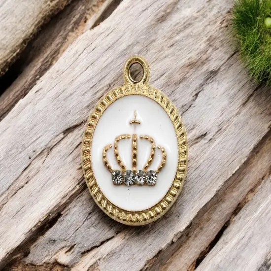 16x19mm Gold Plated Enamel Rhinestone Crown Charms -- Choose Your Color Green (1032) {5}