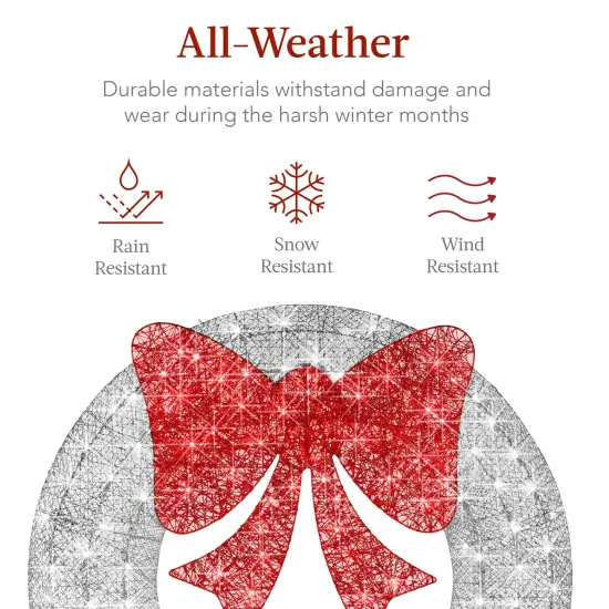 Best Choice Products 36in Pre-Lit Outdoor Christmas Wreath, LED Metal Holiday Décor w/ 120 Lights, Bow Silver/Red {5}