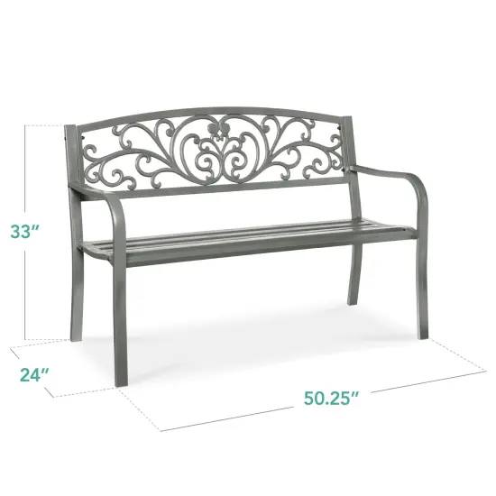 Best Choice Products Outdoor Steel Bench Garden Patio Porch Furniture w/ Floral Design Backrest Gray {2}