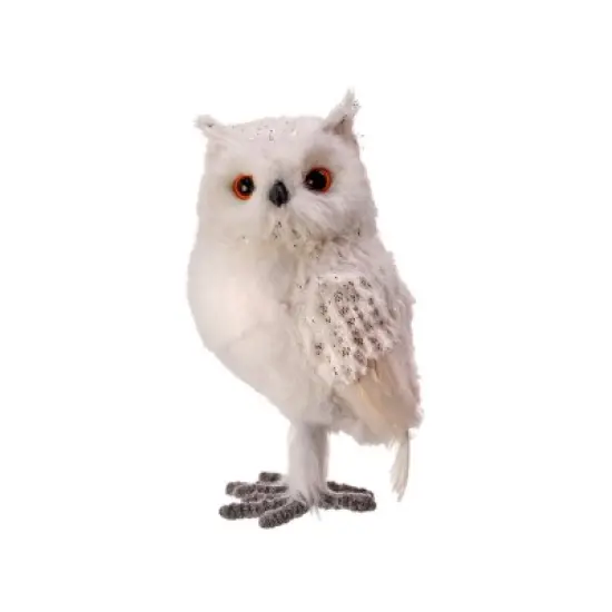 11" Foam Faux Fur Feather Snow Owl - Silver & White Winter Decor - Serene Elegance for Seasonal Displays and Holiday Tabletops {1}