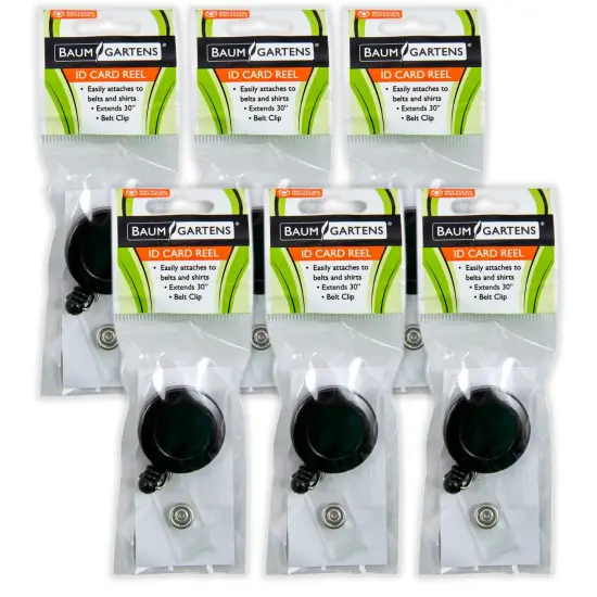 Standard Round ID Badge Reel with Belt Clip, Black, Pack of 6 {1}