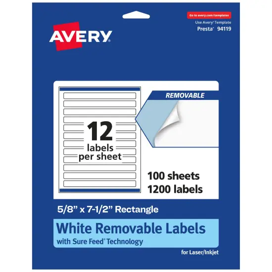 Avery Matte White Removable Rectangle Labels with Sure Feed Technology, Print-to-the-Edge, 5/8" x 7-1/2" {7}