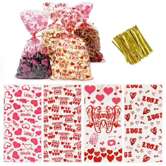 Wrapables Valentines Cellophane Treat Bags With Twist Ties for Candy, Cookies, Treats, Gifts and Party Favors (100pcs), Love Hearts {1}