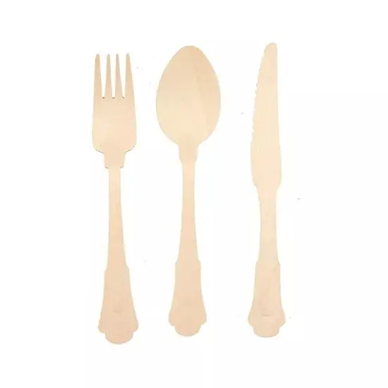 24 Natural Birchwood CUTLERY Set Baroque Design Spoons Forks Knives Party Events {1}