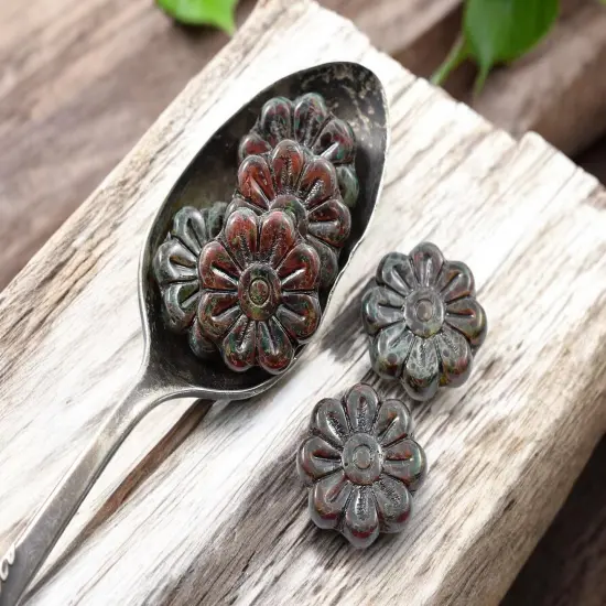 *6* 18mm Semi Transparent Red Crystal Emerald Travertine Daisy Flower Beads {3}