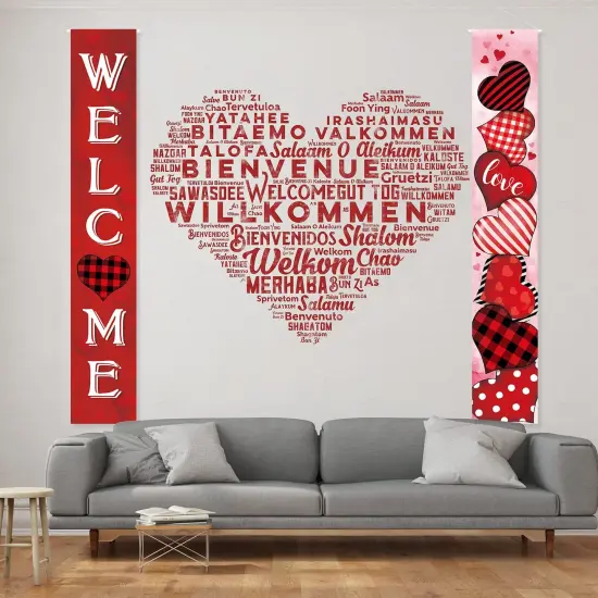 2 Pcs Valentine's Day Door Banner Decoration Valentine Hanging Front Porch Welcome Sign Red Buffalo Plaid Love Heart Banner Romantic for the Home Wall School Office Indoor Outdoor Party Supplies Decor {2}