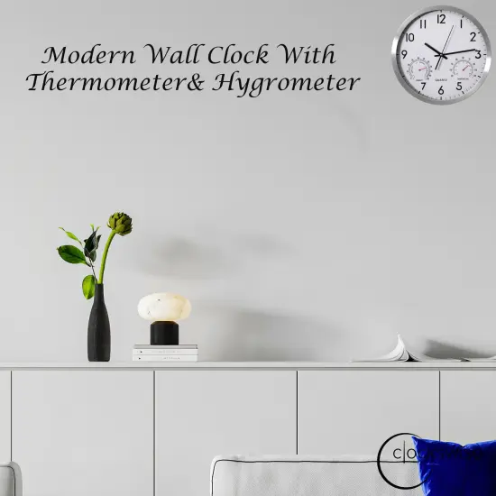 Clockswise Non-Ticking Quartz Wall Clock with Thermometer & Hygrometer - Battery Operated Aluminum Analog Clock for Temperature & Humidity Monitoring - Ideal for Home, Office or School, Silver {4}