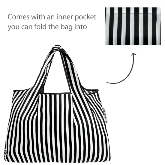 Wrapables Large Foldable Tote Nylon Reusable Grocery Bags, Black Stripes {5}