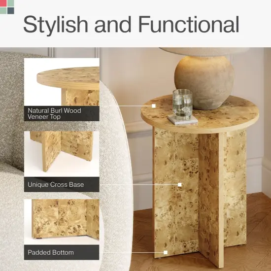 Round Burl Wood Side Table - Modern Home, Bedroom, and Living Room Furniture - Wooden Nightstand - 16 Inch End Desk - Small Wooden Accent Table - Solid Base and Wood Grain Veneer Finish (Burl) {5}