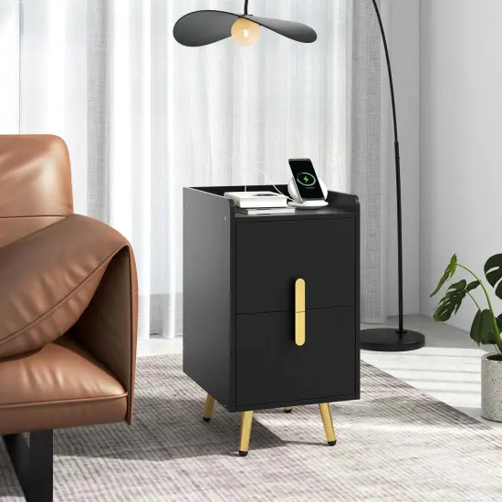 Costway Nightstand with Charging Station Home Bedside Sofa Side Tables with 2 Drawers Coffee/White/Black {12}