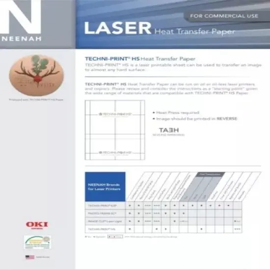 NEENAH TECHNIPRINT HS (Hard Surfaces) LASER TRANSFER PAPER 100 SHEETS 8.5"X11" {3}
