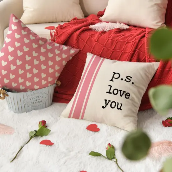 AVOIN colorlife Valentine's Day I Love You Throw Pillow Covers, 18 x 18 Inch Pink Valentine Heart Stripes p.s. Love You Wedding Cushion Case Decoration for Sofa Couch Set of 4 {4}