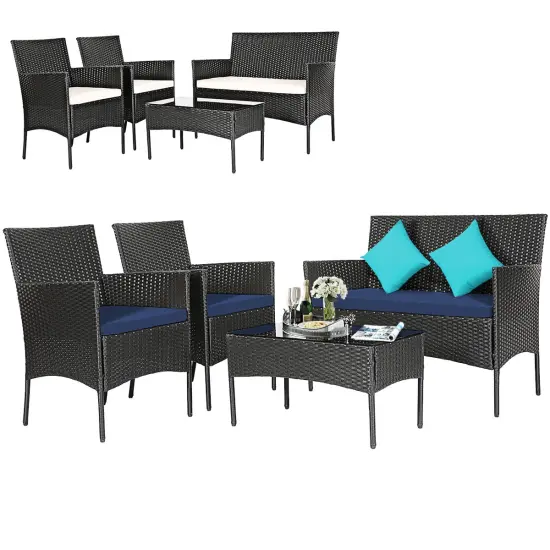 4 Pcs Patio Rattan Cushioned Sofa Furniture Set with Tempered Glass Coffee Table White {8}