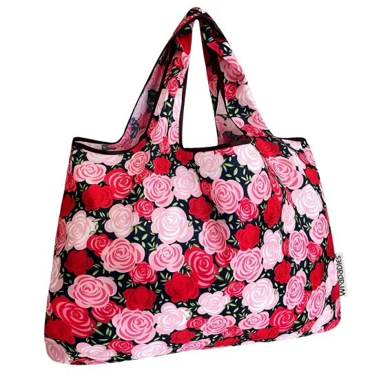 Wrapables Large Foldable Tote Nylon Reusable Grocery Bags, Pink Roses {1}