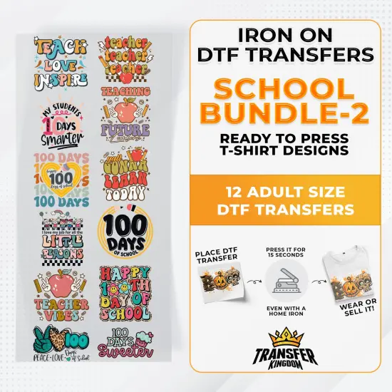 School Bundle Iron on DTF Transfer Bundle 2 - 12 Best Seller Ready To Press T-shirt Designs {1}
