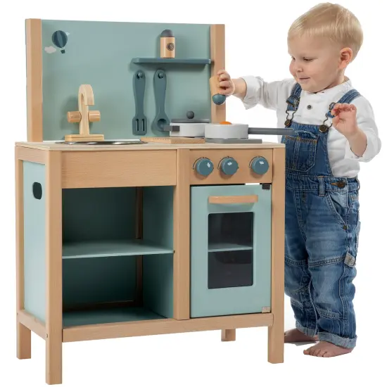 Label Label: Wooden Kitchen Play Set - Green - Standing Appliance Toy, Cooking & Food Accessories, Storage-Oven-Sink, Pretend Play Station, Kid Age 3+ {6}