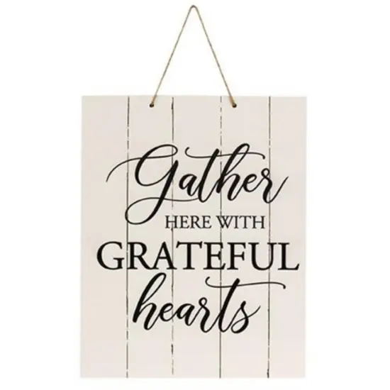 Gather Here With Grateful Hearts Vertical Pallet Board Rope Sign {1}