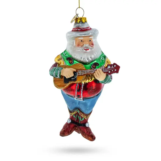 Western Santa with Guitar Glass Christmas Ornament {1}