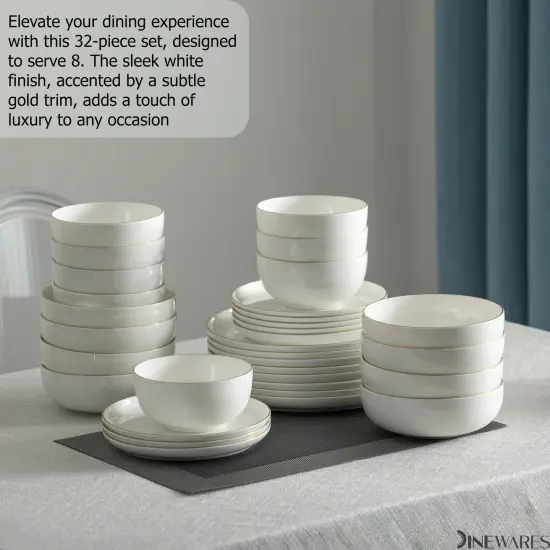 Perlaceo Luxurious Collection of White with Gold Rim Bone China Dinnerware Set - Lightweight and Durable - Service for 4 or 8, Including Dinner Plates, Salad Plates, and Cereal or Soup Bowls {4}