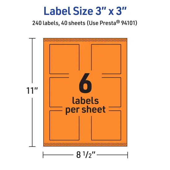 Avery Bright Orange Paper Labels, 3" x 3" Square {5}