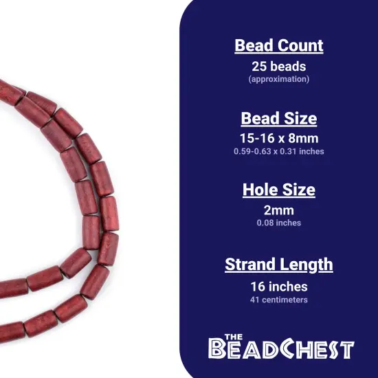 The Bead Chest Cherry Red Tube Natural Wood Beads (15x8mm): Organic Eco-Friendly Wooden Bead Strand for DIY Jewelry, Crafts, Necklace and Bracelet Making {4}