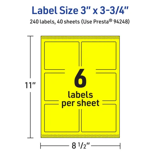 Avery Neon Yellow Paper Labels, 3" x 3.75" Rectangle {5}
